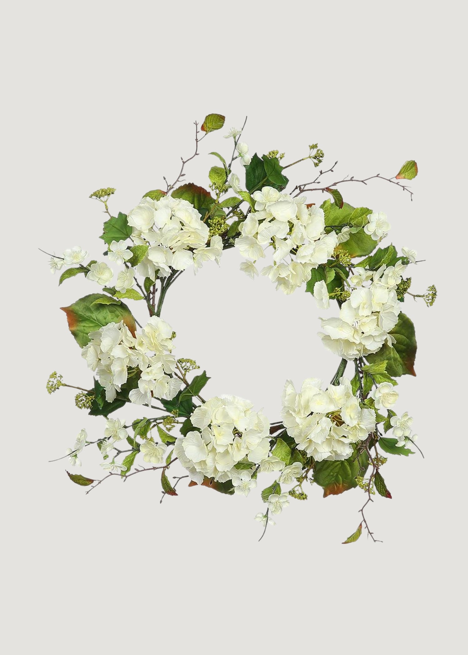 Artificial Hydrangea and Foliage Wreath in Cream Green 