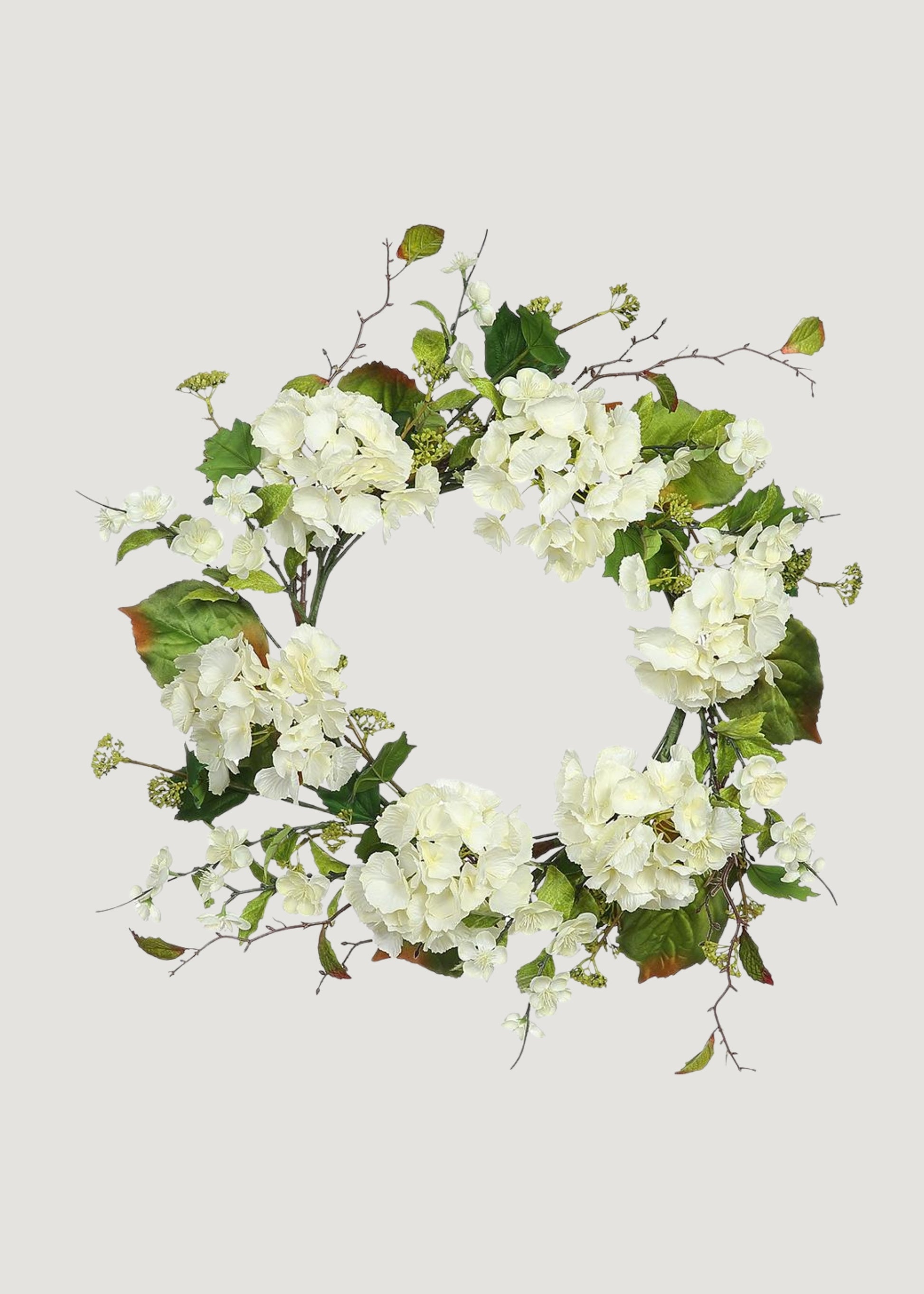 Artificial Hydrangea and Foliage Wreath in Cream Green 