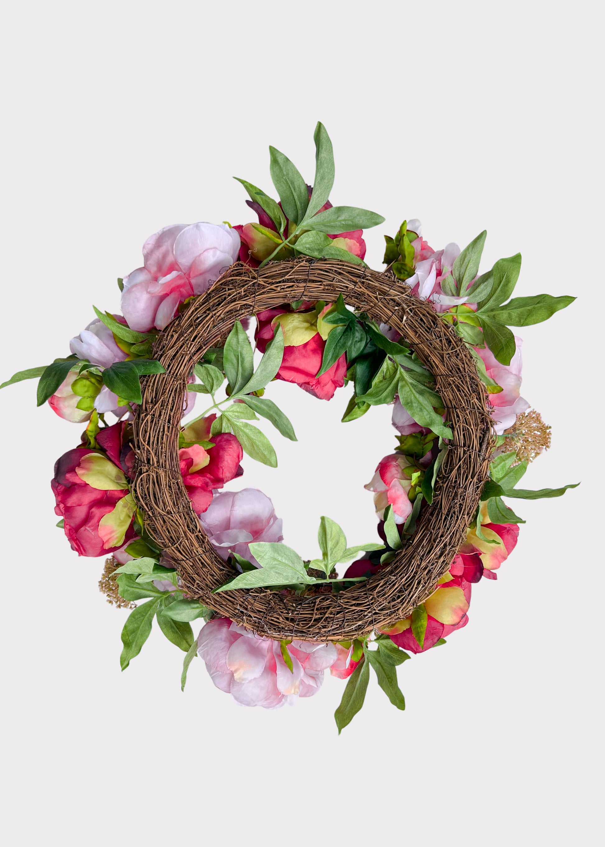 Back of Pink and Burgundy Peony Fake Flower Wreath 