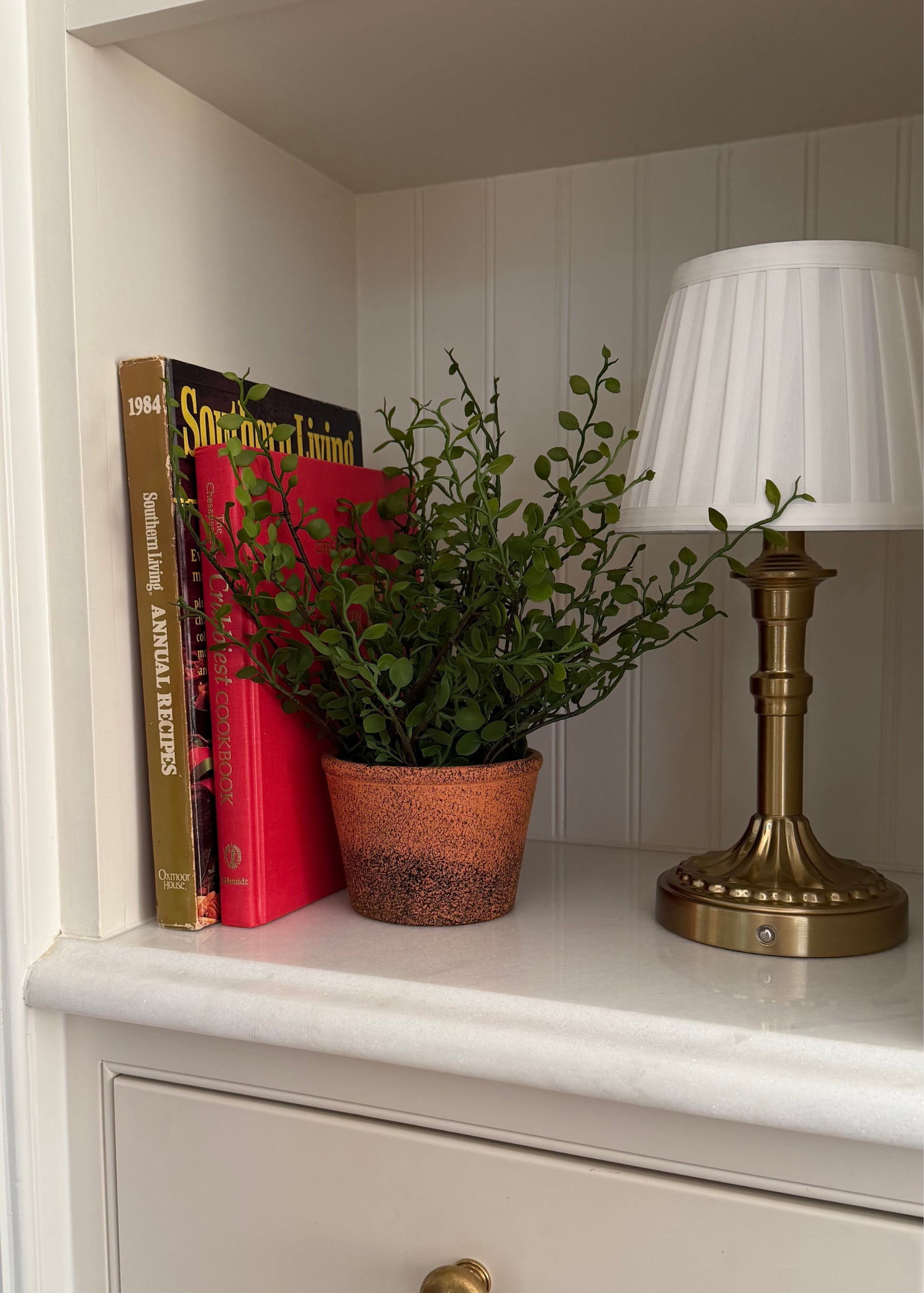 A Small Artificial Plant Maidenhair Creeping Vine in a Pot sitting on a white shelf next to a brass table lamp and books.
