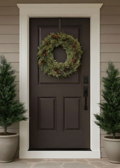 Winter porch with Faux Pine Wreath and Cedar Trees