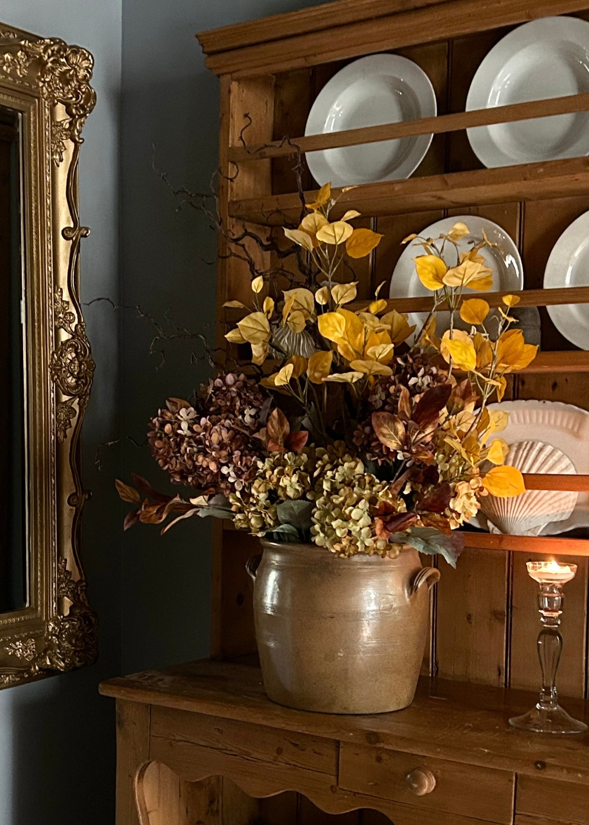fall leaves and hydrangea arrangement