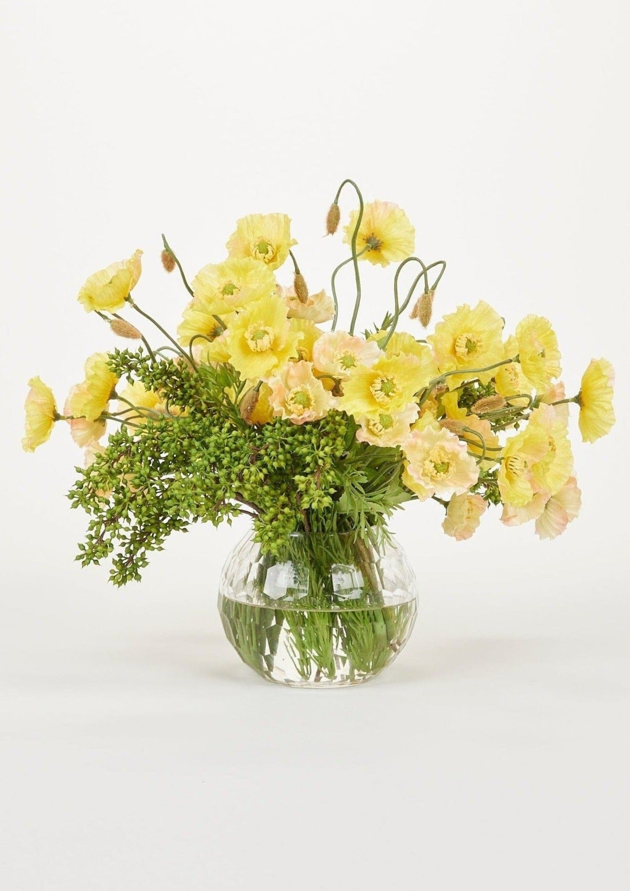 Faux Flower Arrangement of Yellow Poppies in Glass Vase
