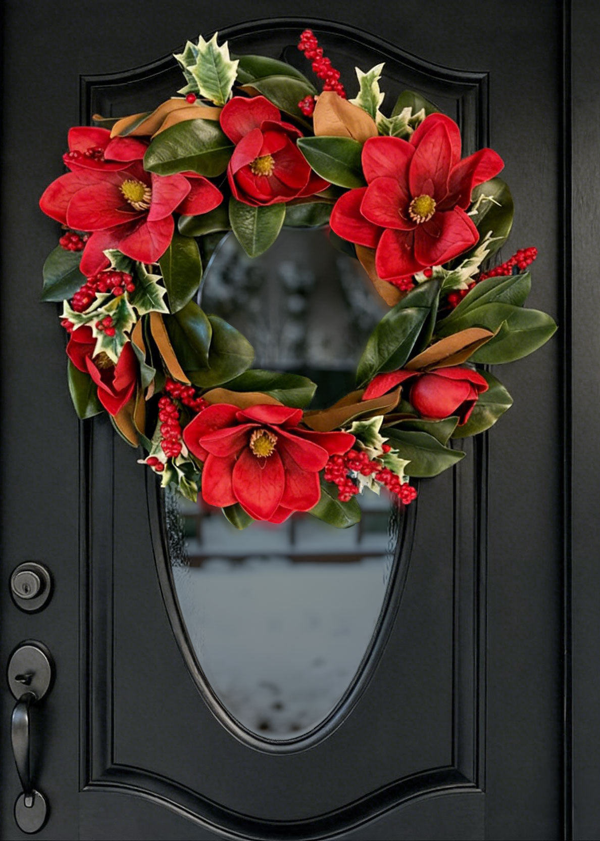 Red Artificial Magnolia Flower and Holly Wreath on a Black Door