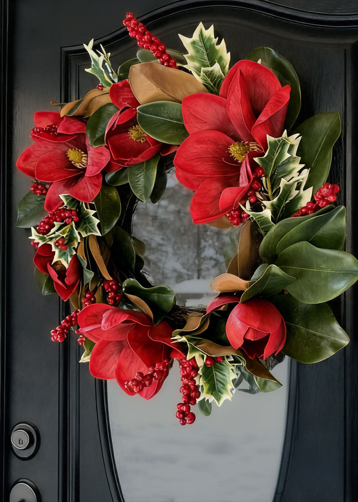 Magnolia Flower and Holly Wreath on a Black Door