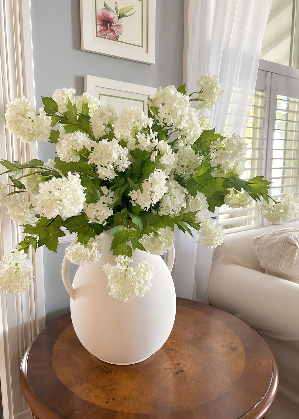Snowball Bundle Styled in the Afloral White Jug Vase on a Side Table
