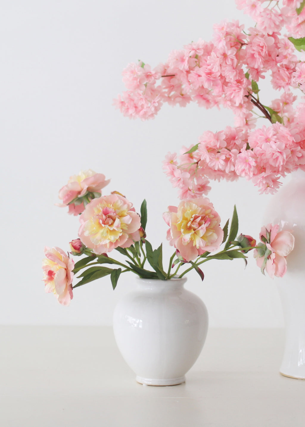 Faux Apricot Peonies and Pink Cherry Blossoms