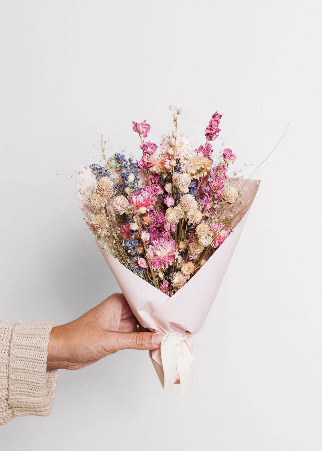 Small Bouquet of Dried Flowers in Soft Pink and Blue 