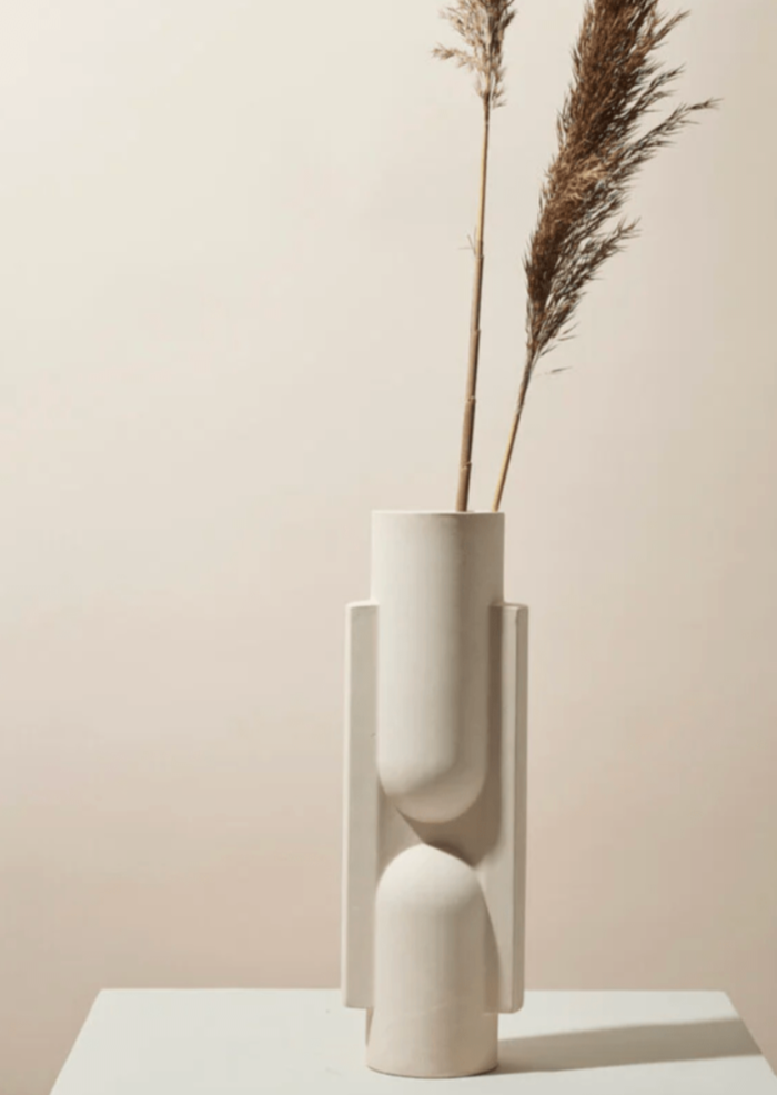Tall Geometric Ceramic Matte Vase Styled with Dried Grasses
