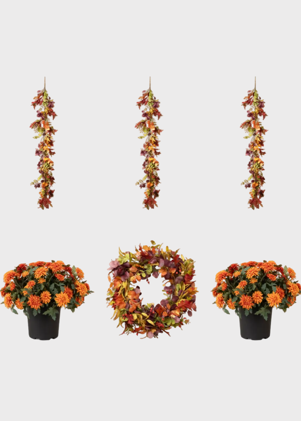 Set of autumn-themed floral arrangements including potted plants and a wreath on a white background