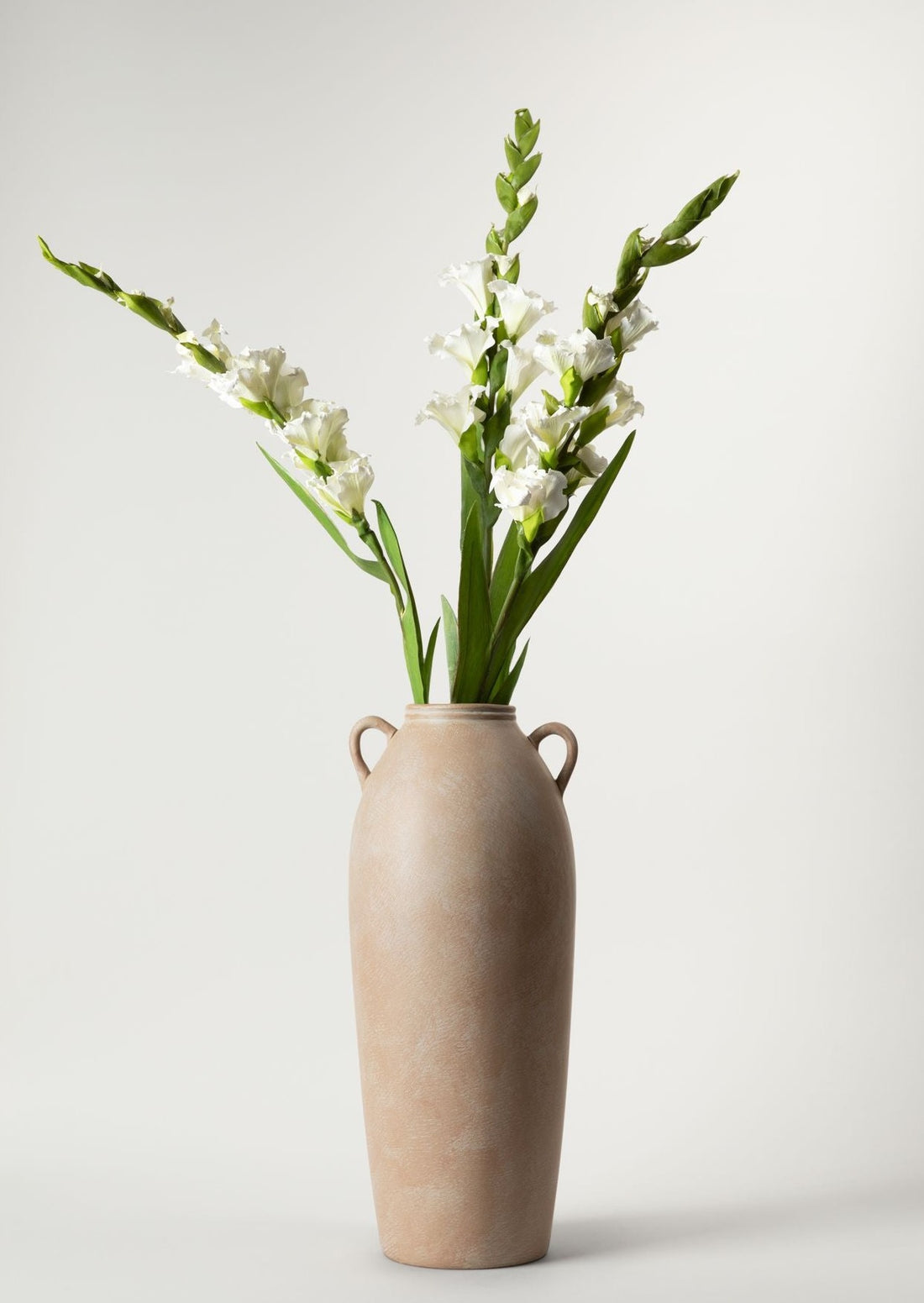 Faux White Gladiolus Flowers in Tall Terracotta Vase