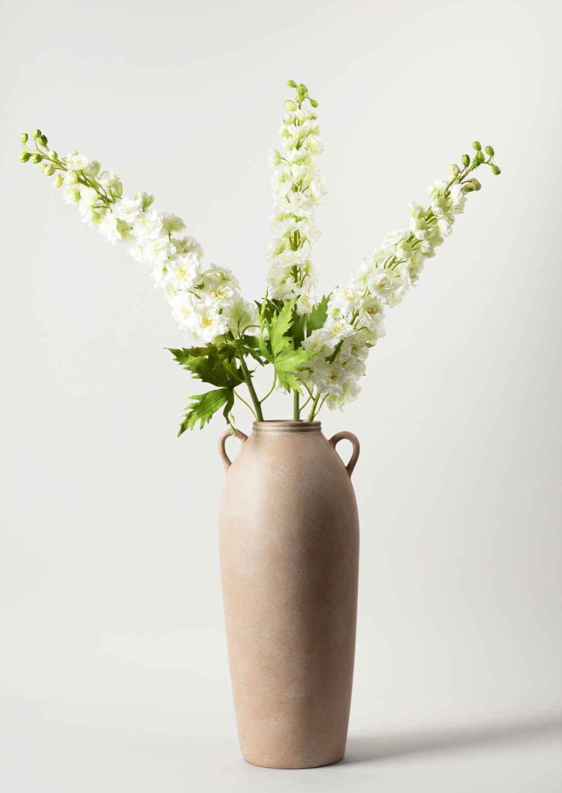 Faux White Delphinium Blooms in Tall Terracotta Vase