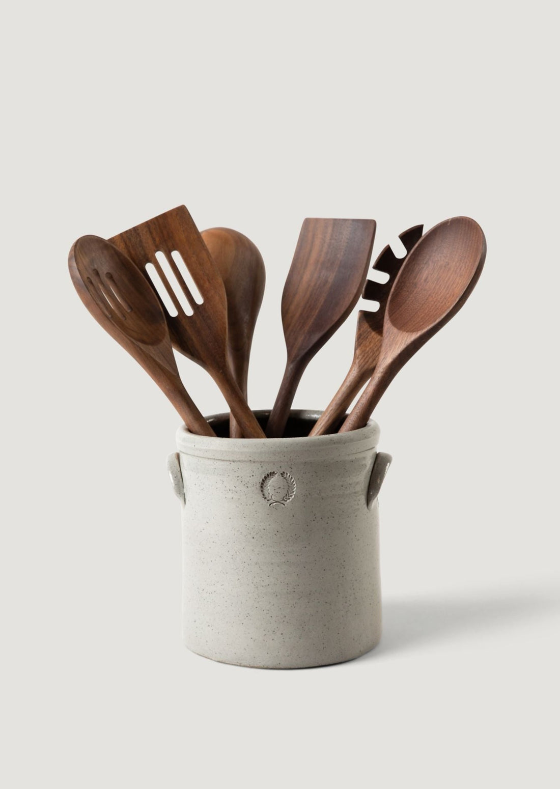 Farmhouse Pottery Walnut Wood Spoons Styled in Grey Glazed Half Gallon Crock
