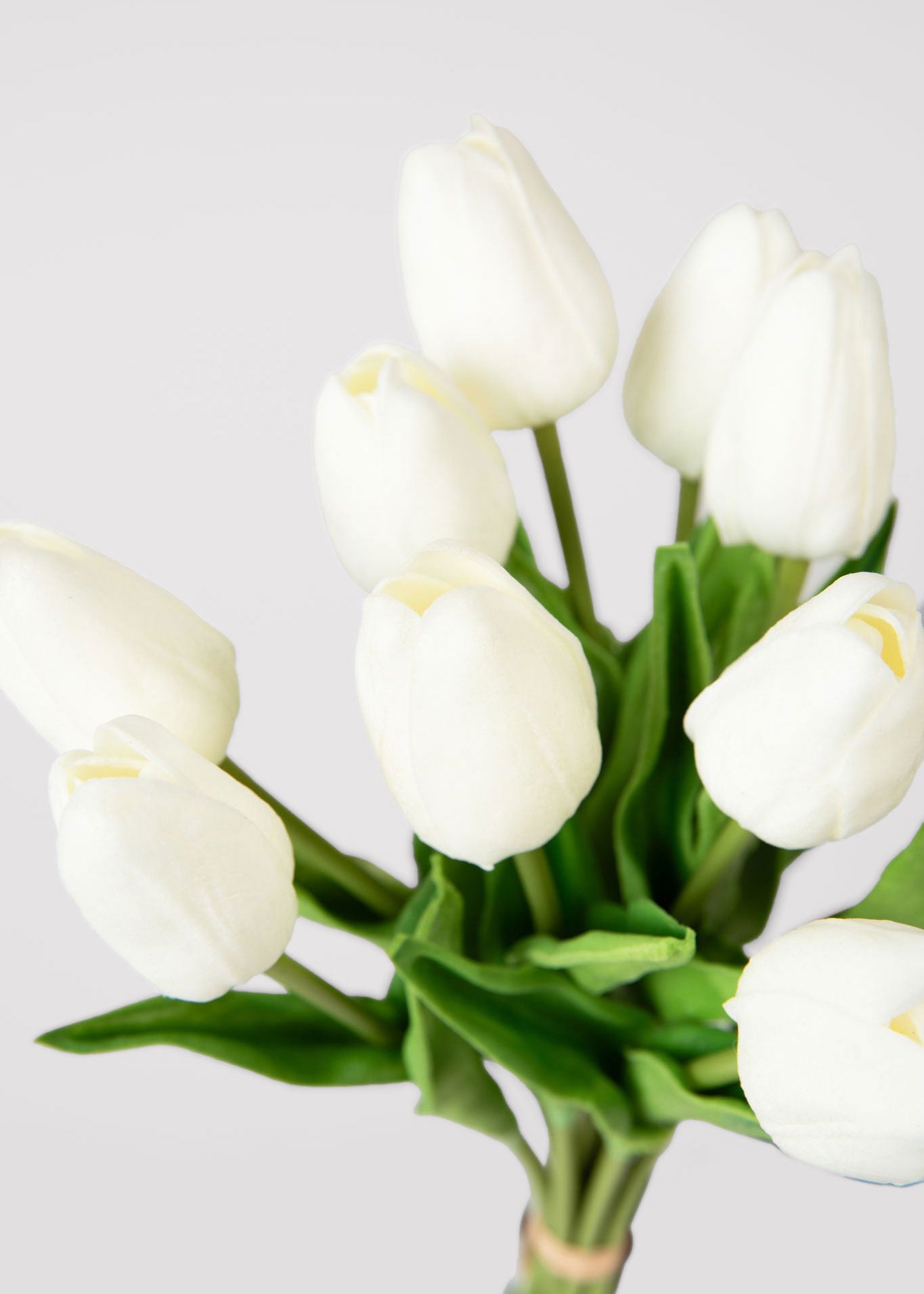 close up of white real touch tulip flower bundle