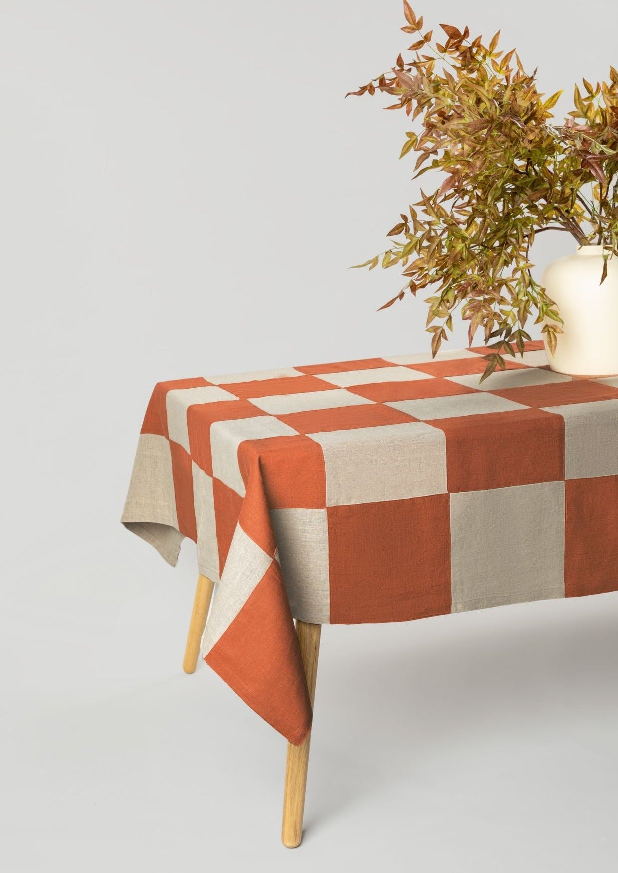 Taupe and Terracotta Handcrafted Linen Tablecloth with Artificial Fall Greenery Arrangement