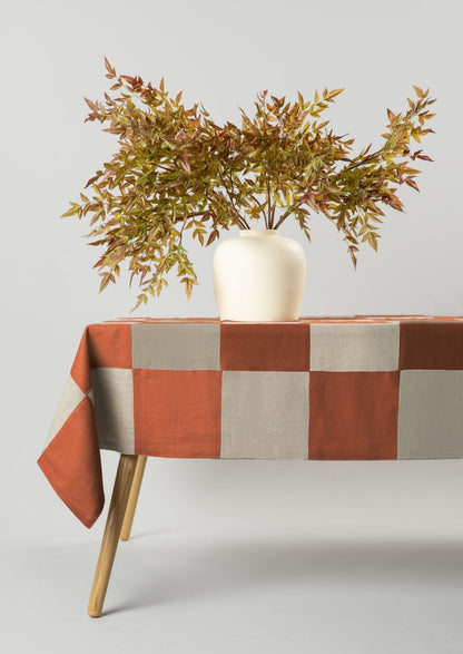 Linen Checkered Handcrafted Linen Tablecloth with Artificial Nandina Arrangement
