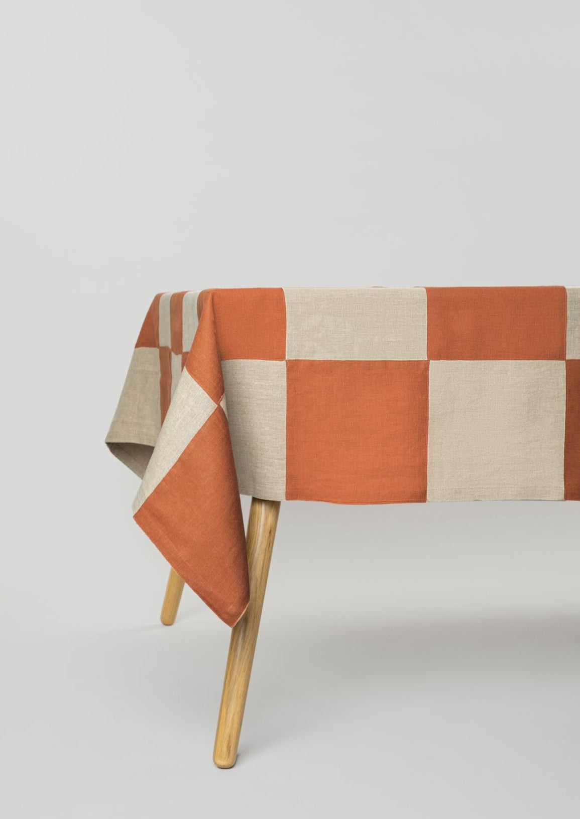 Malaika Linen Checkered Taupe and Terracotta Handcrafted Linen Tablecloth