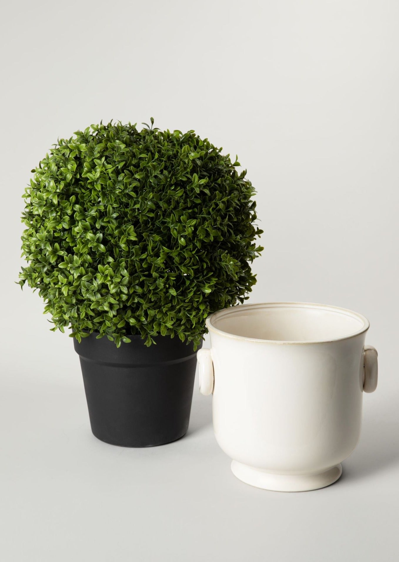 Cream Cache Pot and Faux Potted Boxwood Topiary