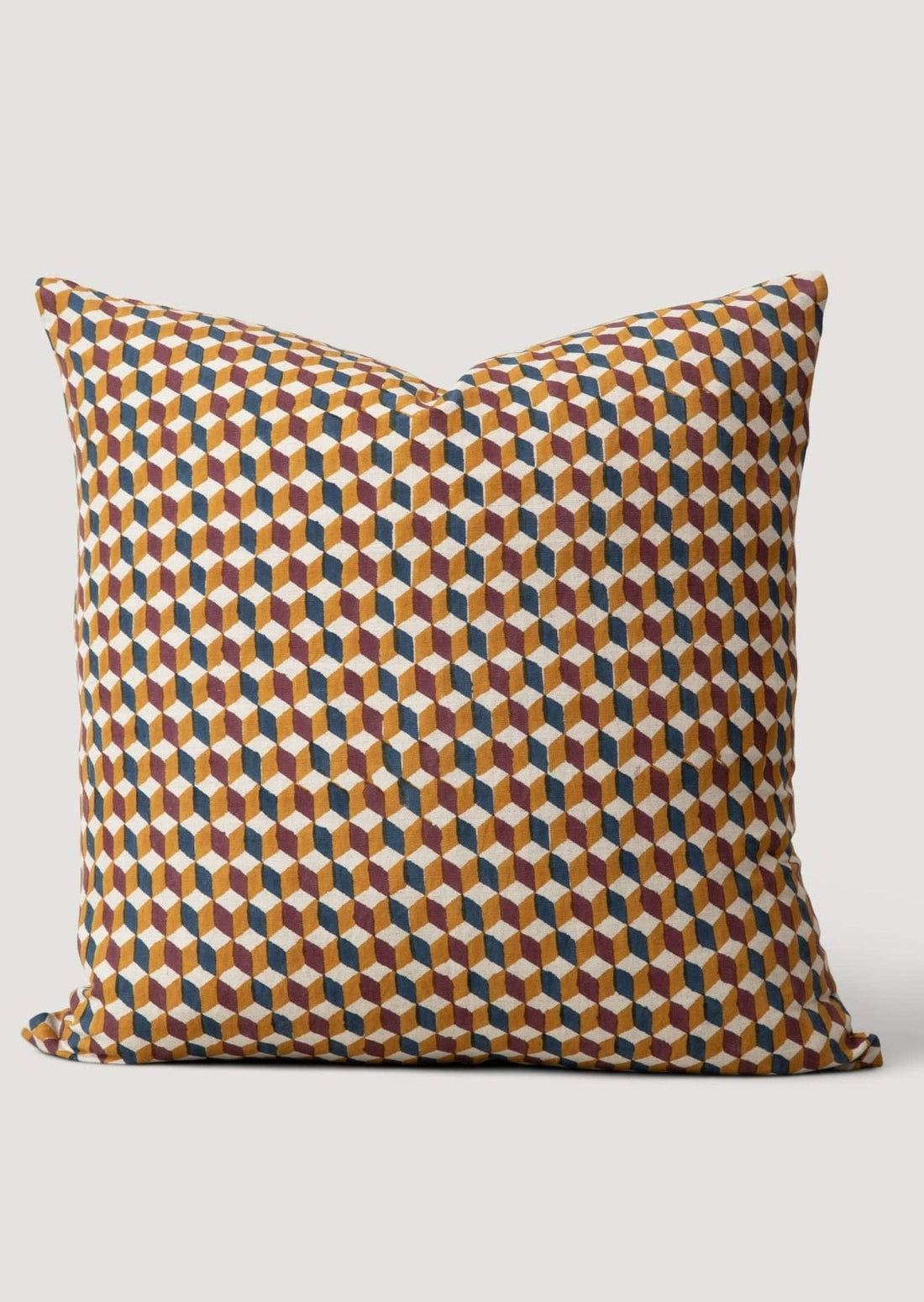 Yellow Gold and Purple Handmade Linen Pillowcase with Block-Printed Pattern