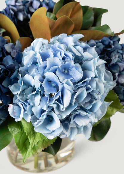 blue artificial hydrangea flowers in closeup view
