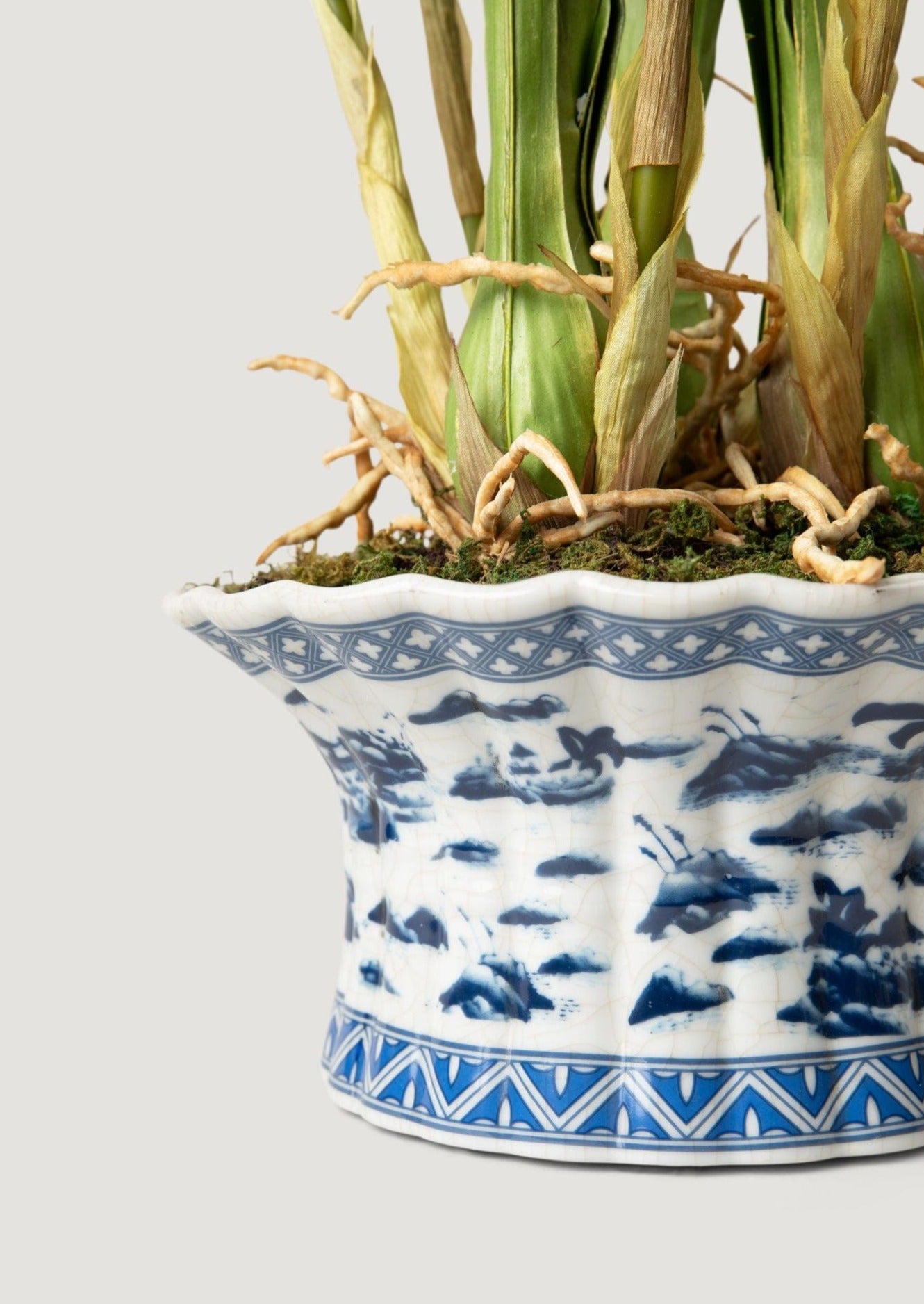Closeup View of Blue and White Ceramic Pot in Artificial Orchid Arrangement