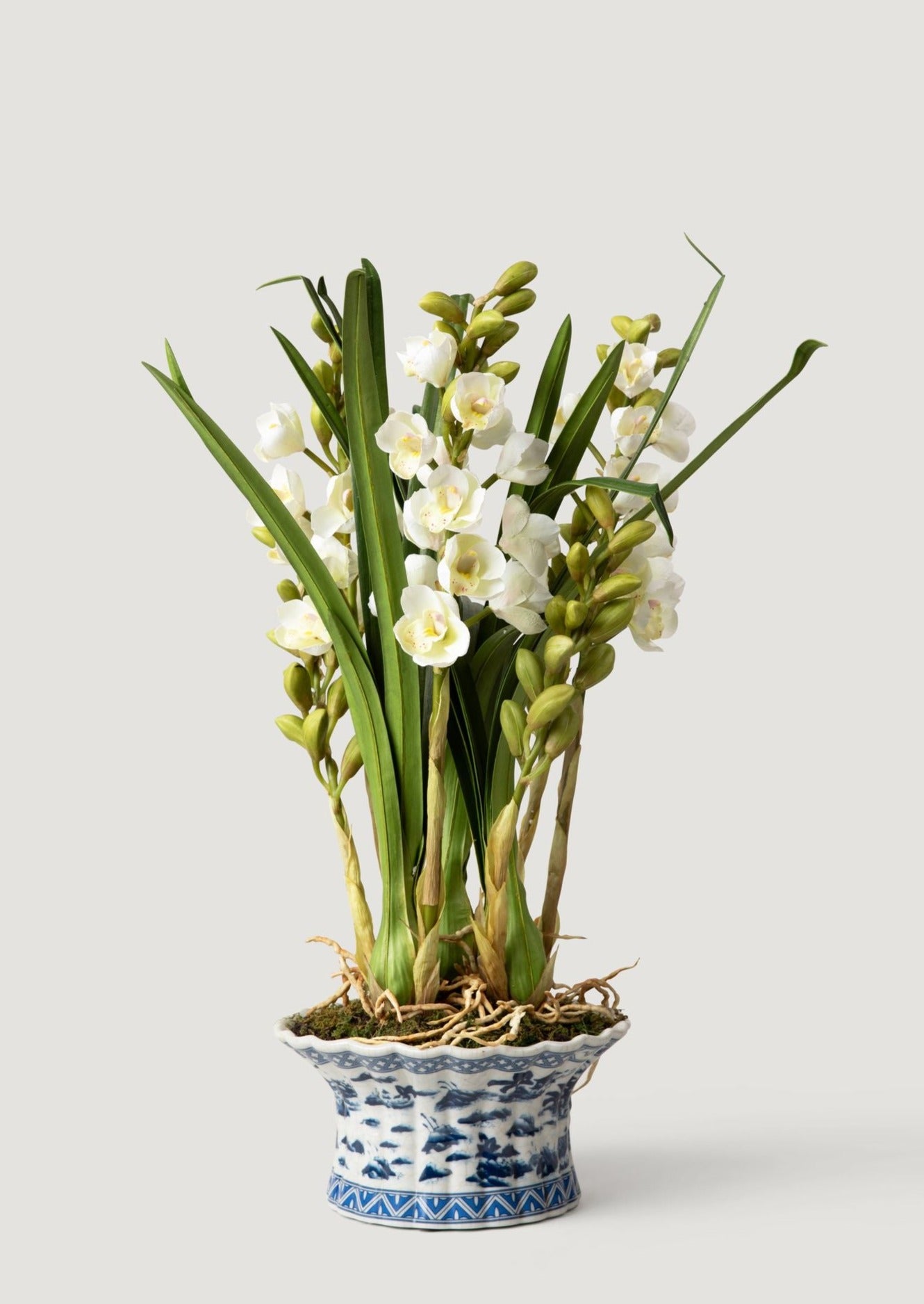 Faux Blooming Flowers Arrangement of White Orchids in Ceramic Pot