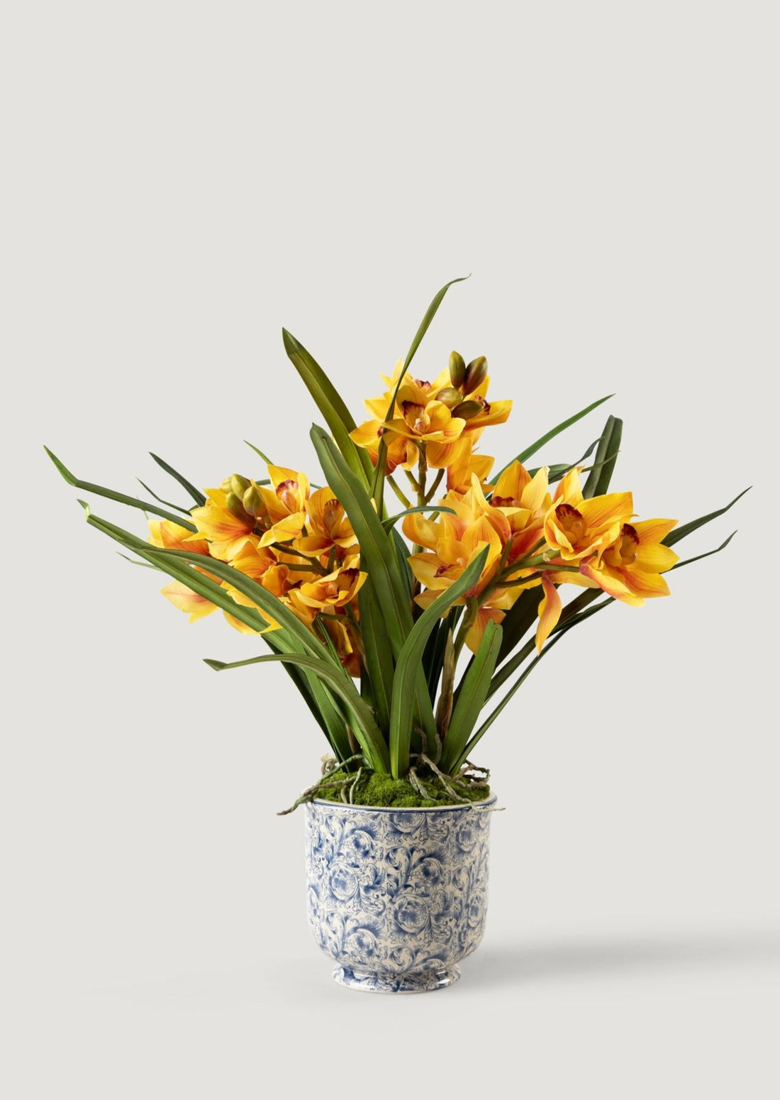 Yellow Faux Orchid Arrangement in Blue and White Ceramic Pot