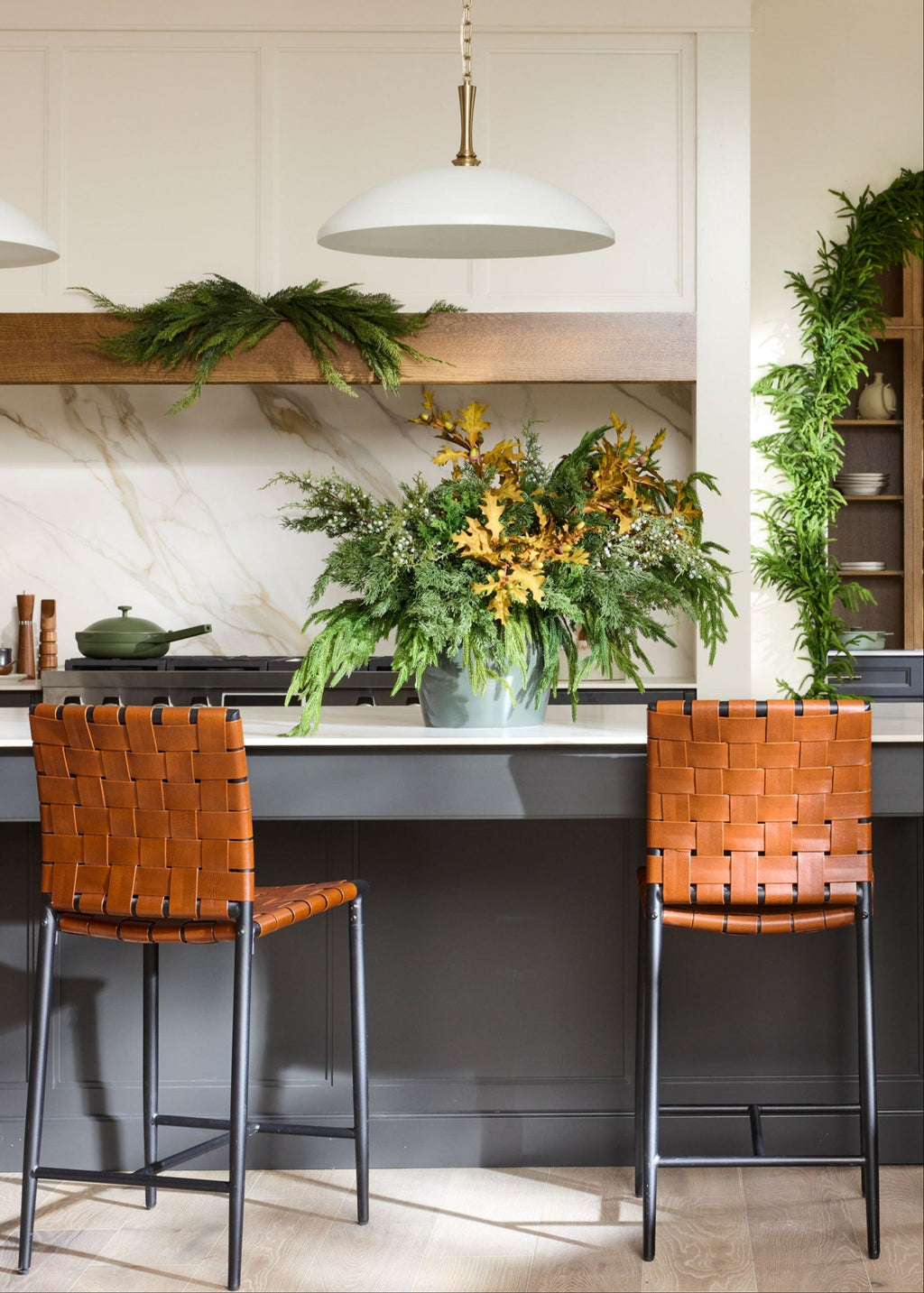 Mixed Evergreen Centerpiece Featuring Norfolk Pine Branches