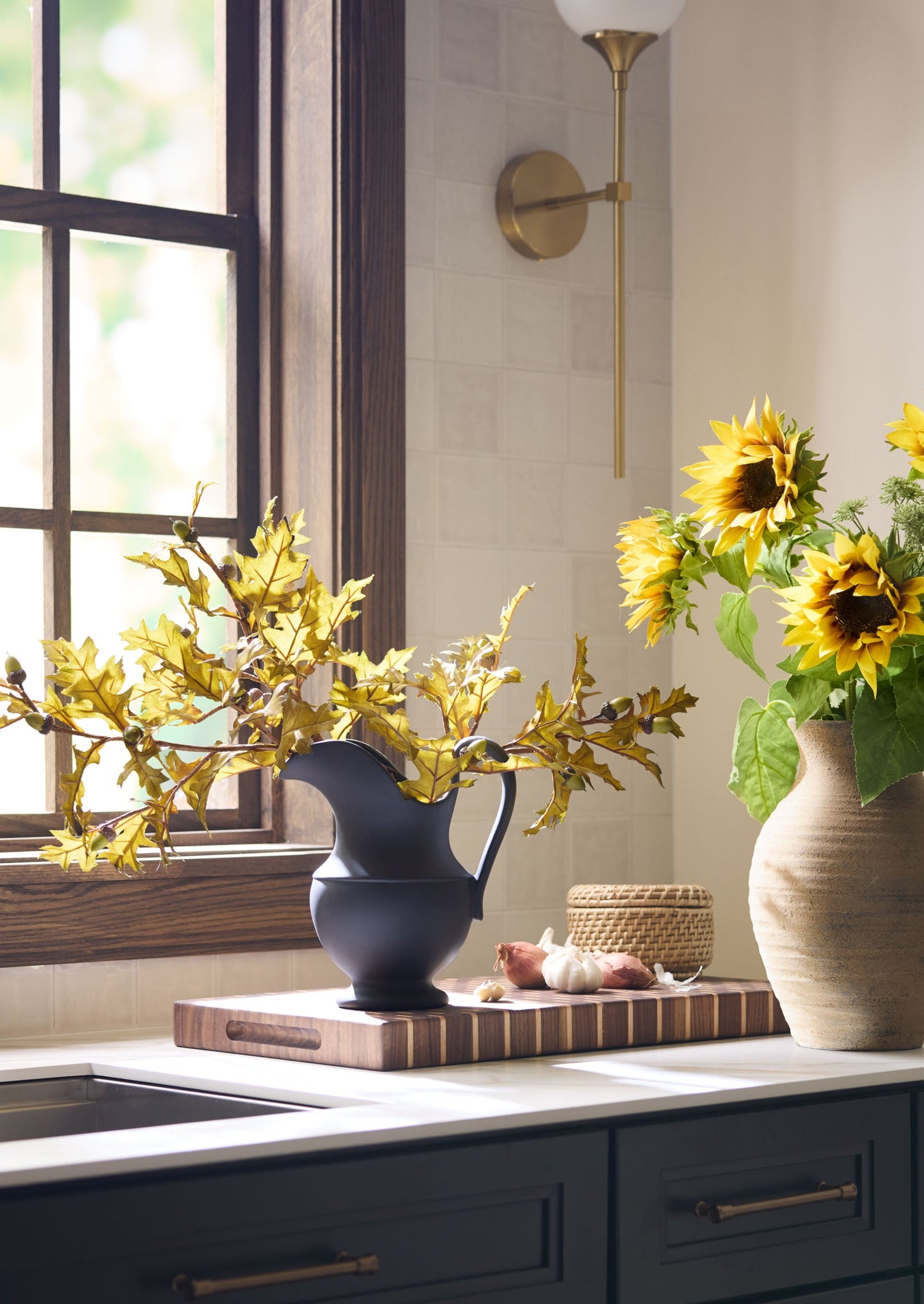 Stoneware Pitcher with Fall Oak Leaf Arrangement