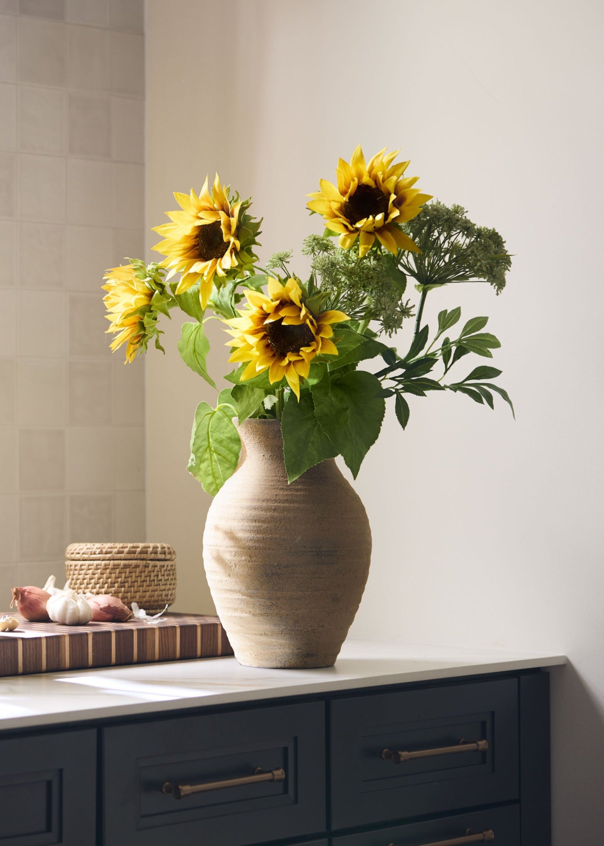 Faux Sunflowers Arranged with Queen Anne's Lace