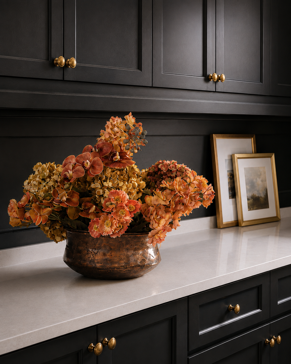 poppy, hydrangea, larkspur, orchid arrangement in oranges and greens