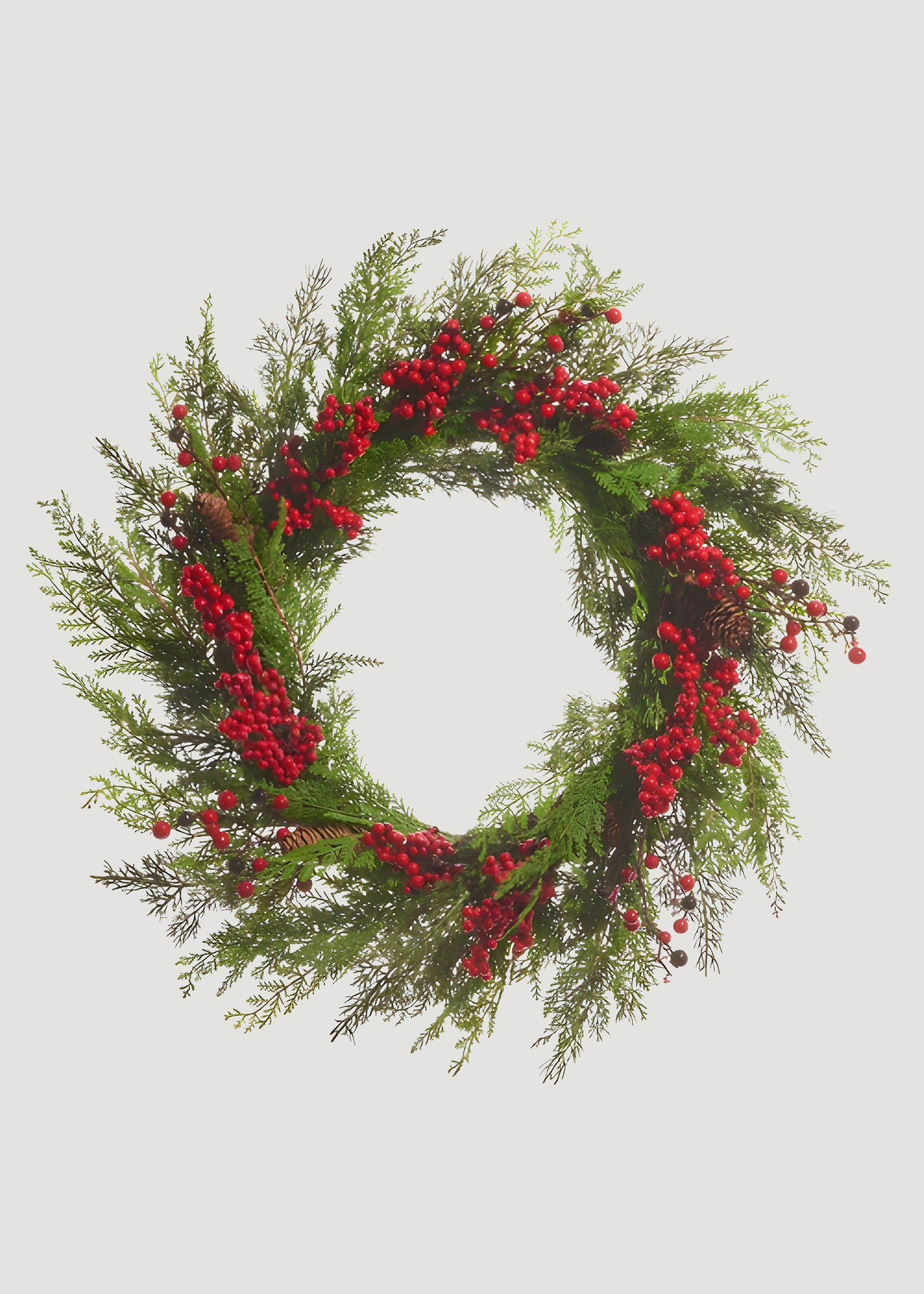 Fake Cedar Winter Wreath with Red Berries and Pine Cones 