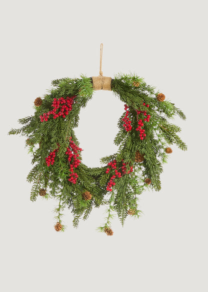 Faux Cedar and Red Berry Wreath with Pine Cones