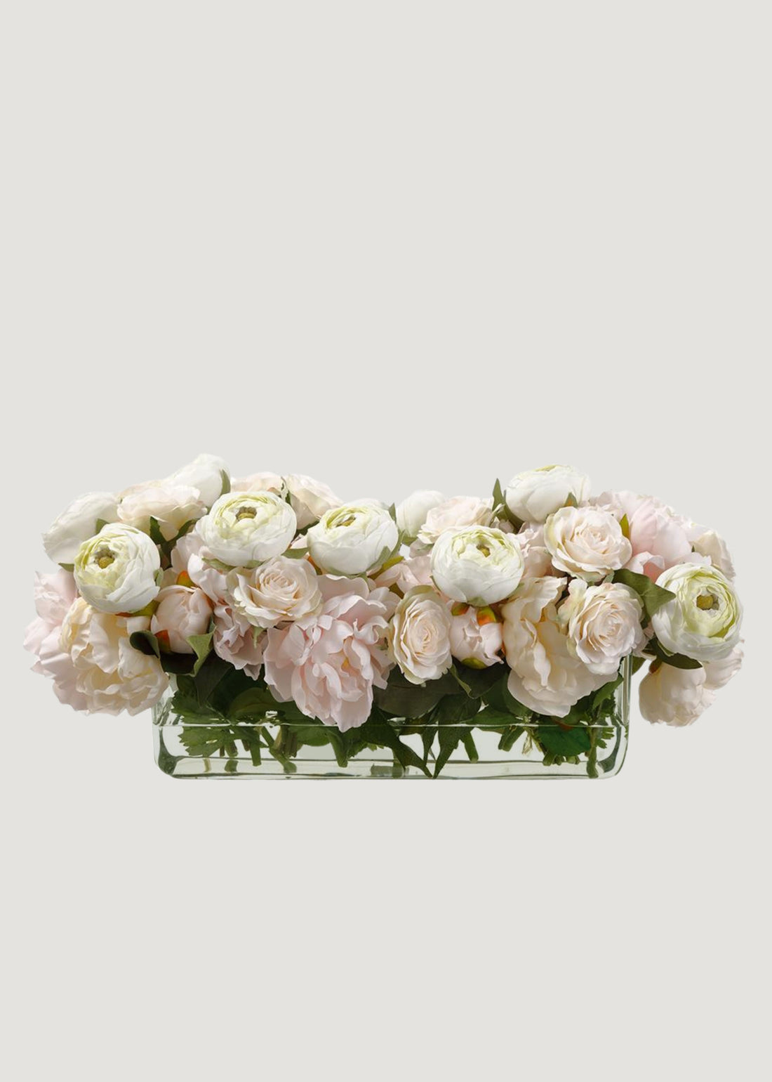 Pink Fake Peony and Rose Arrangement in Low Glass Rectangle Vase