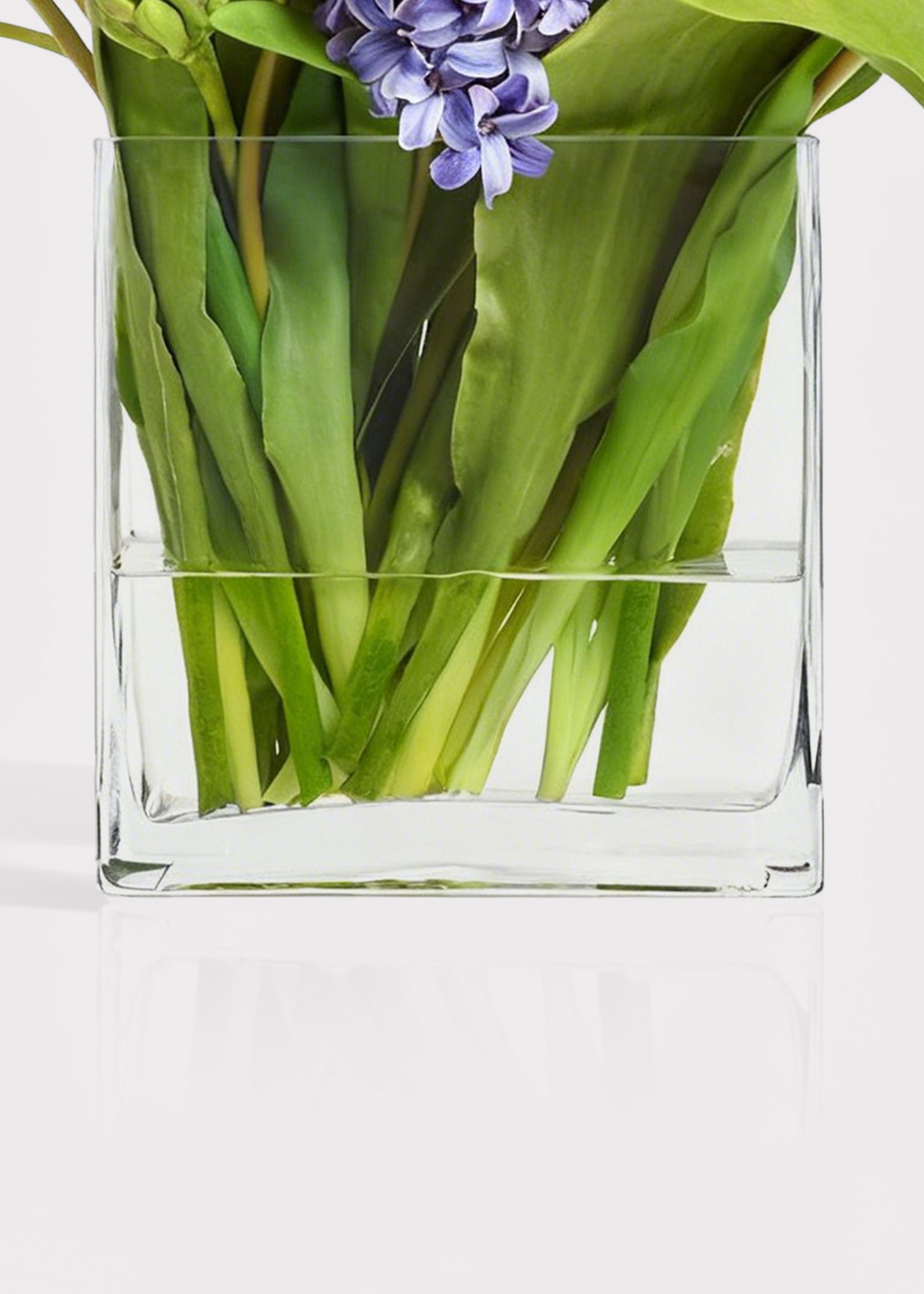Close-up of clear glass vase with acrylic water and flower stems