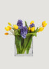 Blue Fake Hyacinth and Yellow Tulip Arrangement in Glass Vase 