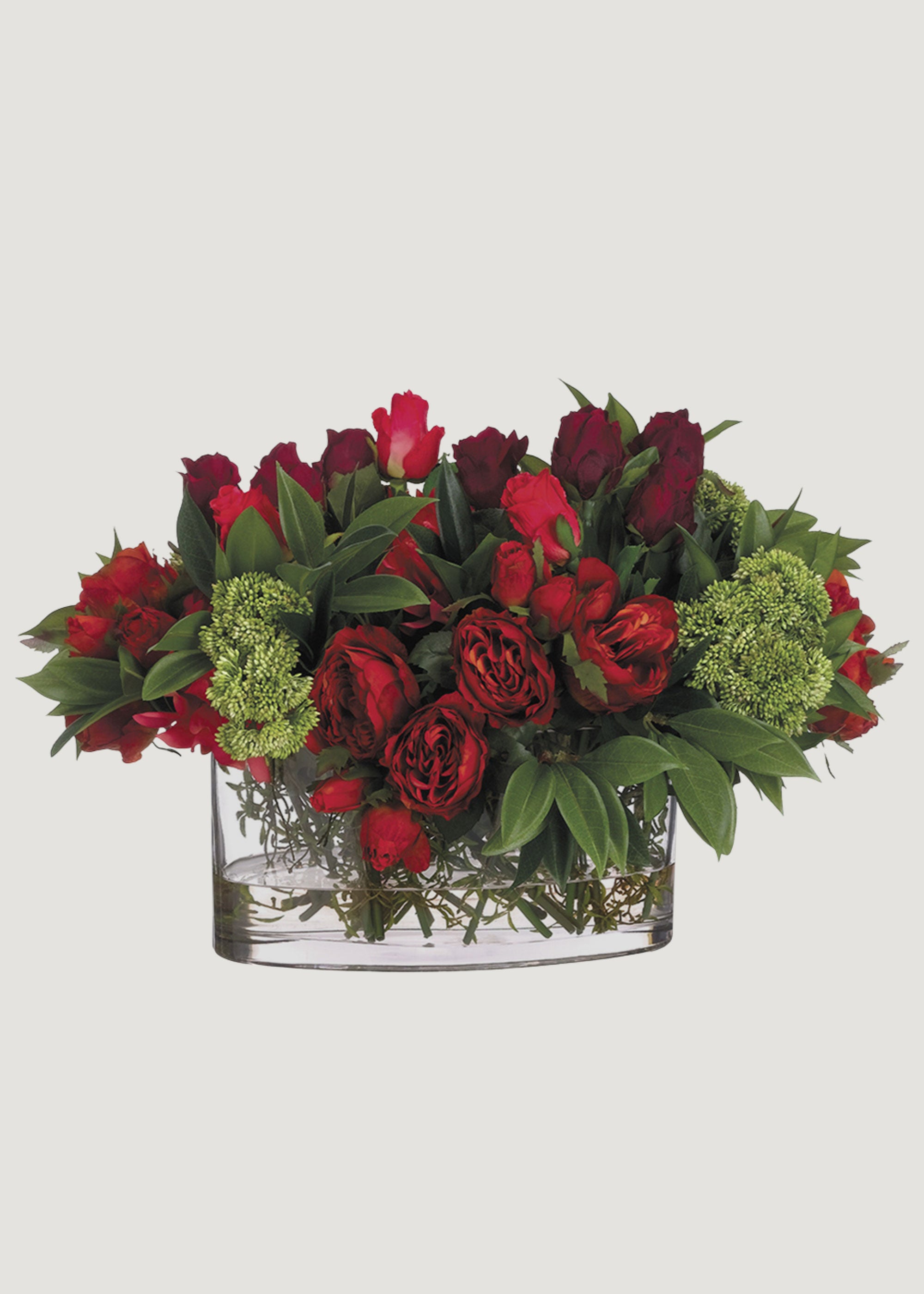 Rose and Dahlia Flower Arrangement in Glass Vase