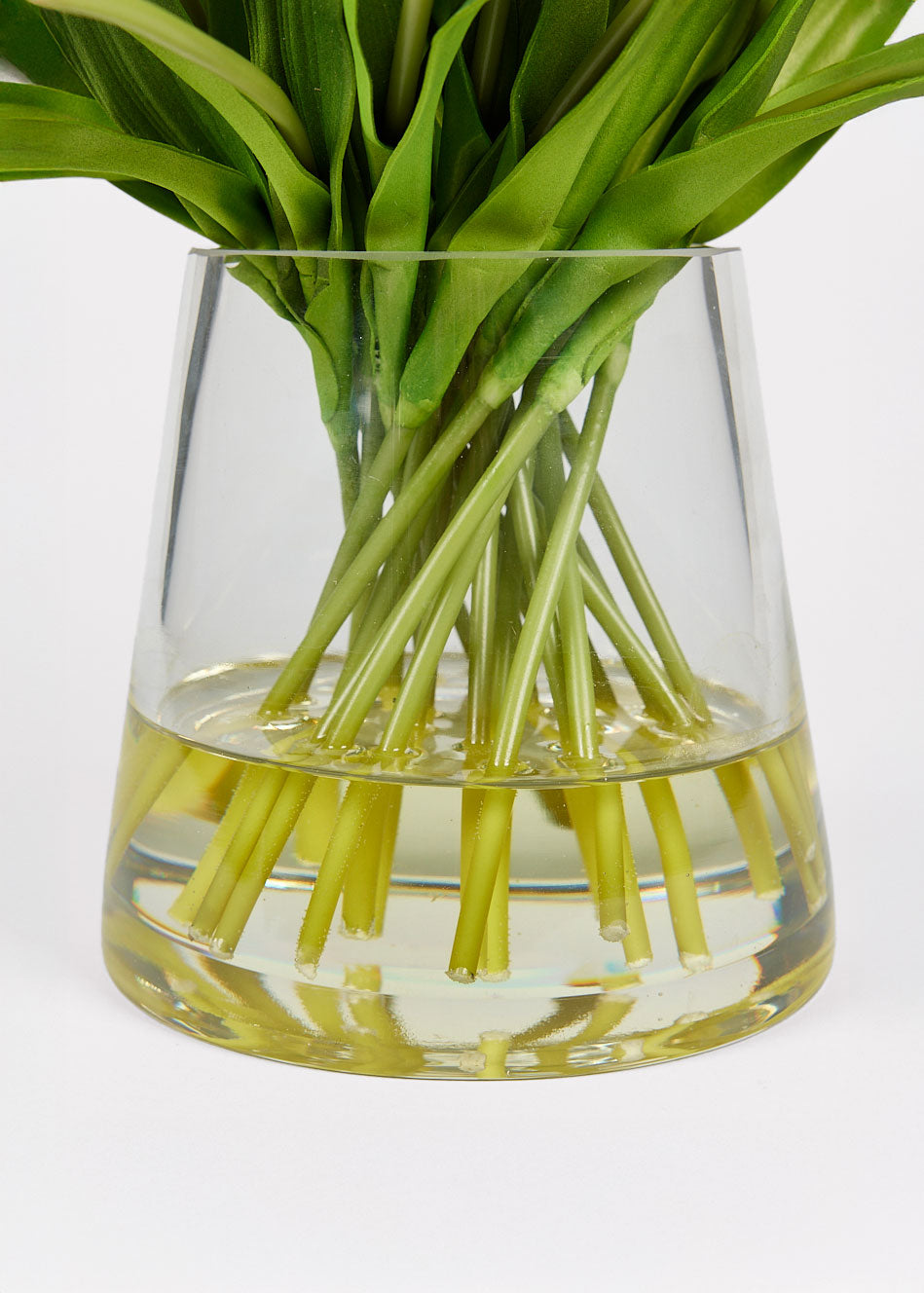 Clear glass vase with green tulip stems and leaves in acrylic water