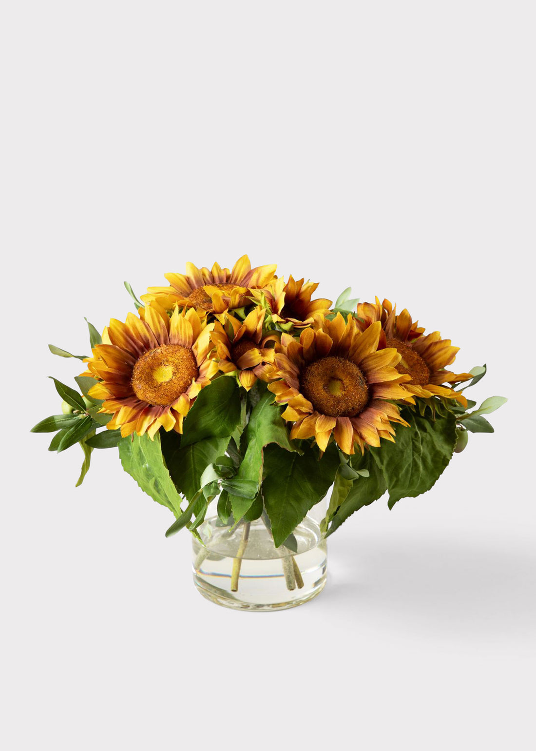 Luxe Fall Decor Faux Sunflower and Olive Leaf Arrangement in Glass Vase