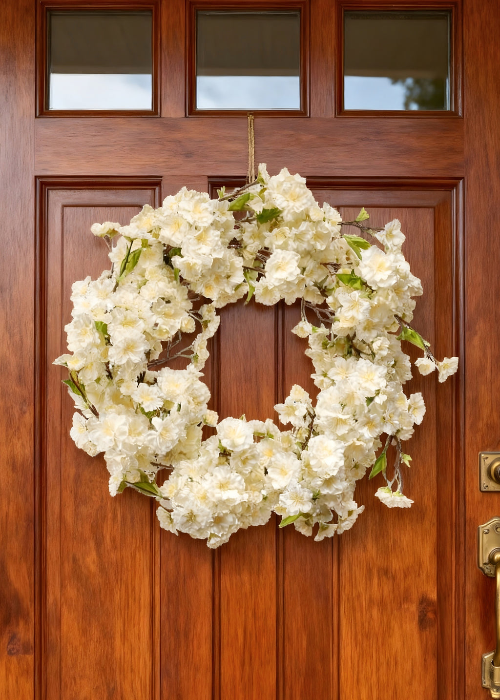 Cream Artificial Cherry Blossom Wreath on a Door