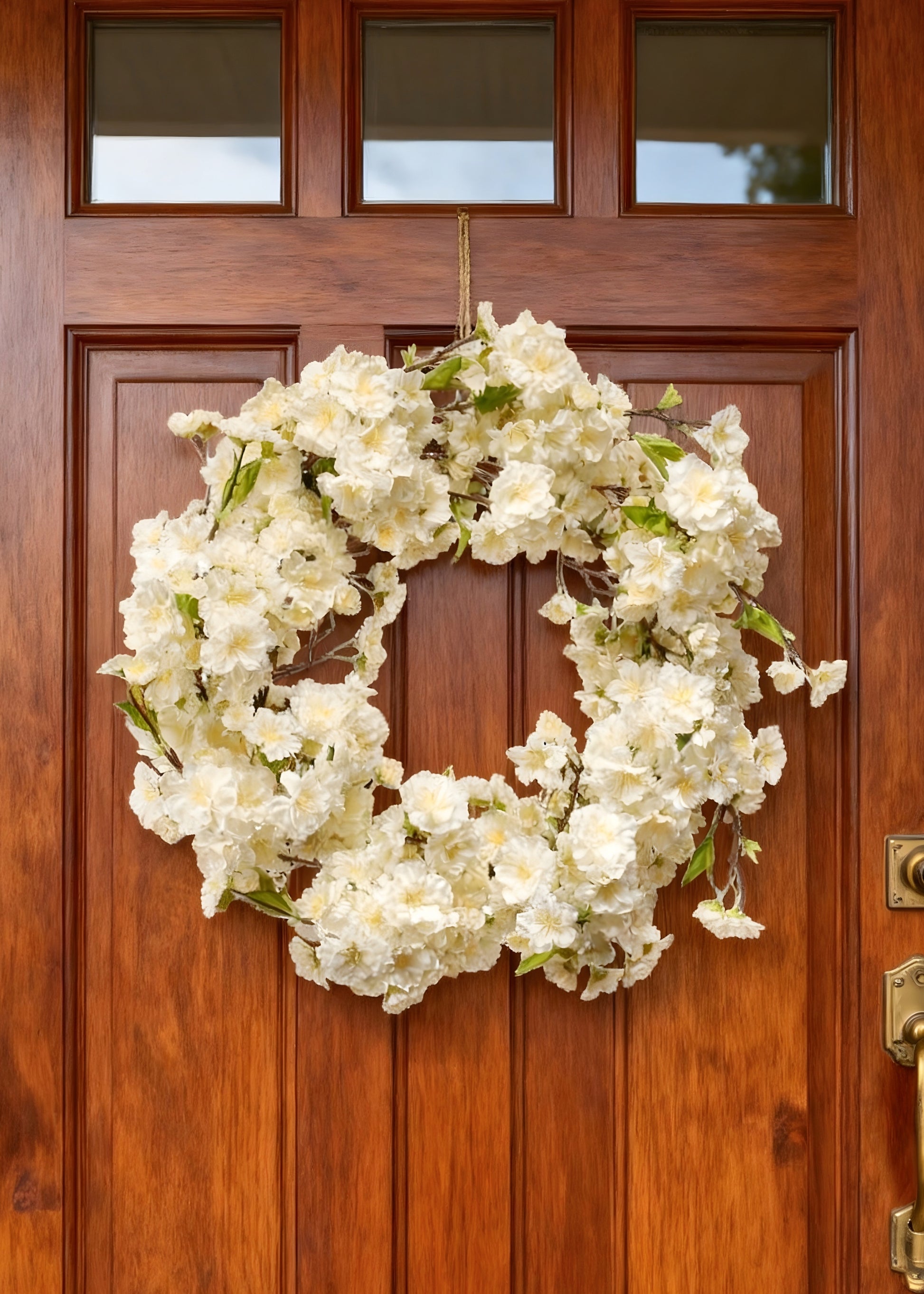 Cream Artificial Cherry Blossom Wreath on a Door