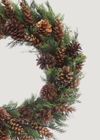 Close-up of Preserved Cedar and Pine Cone Wreath