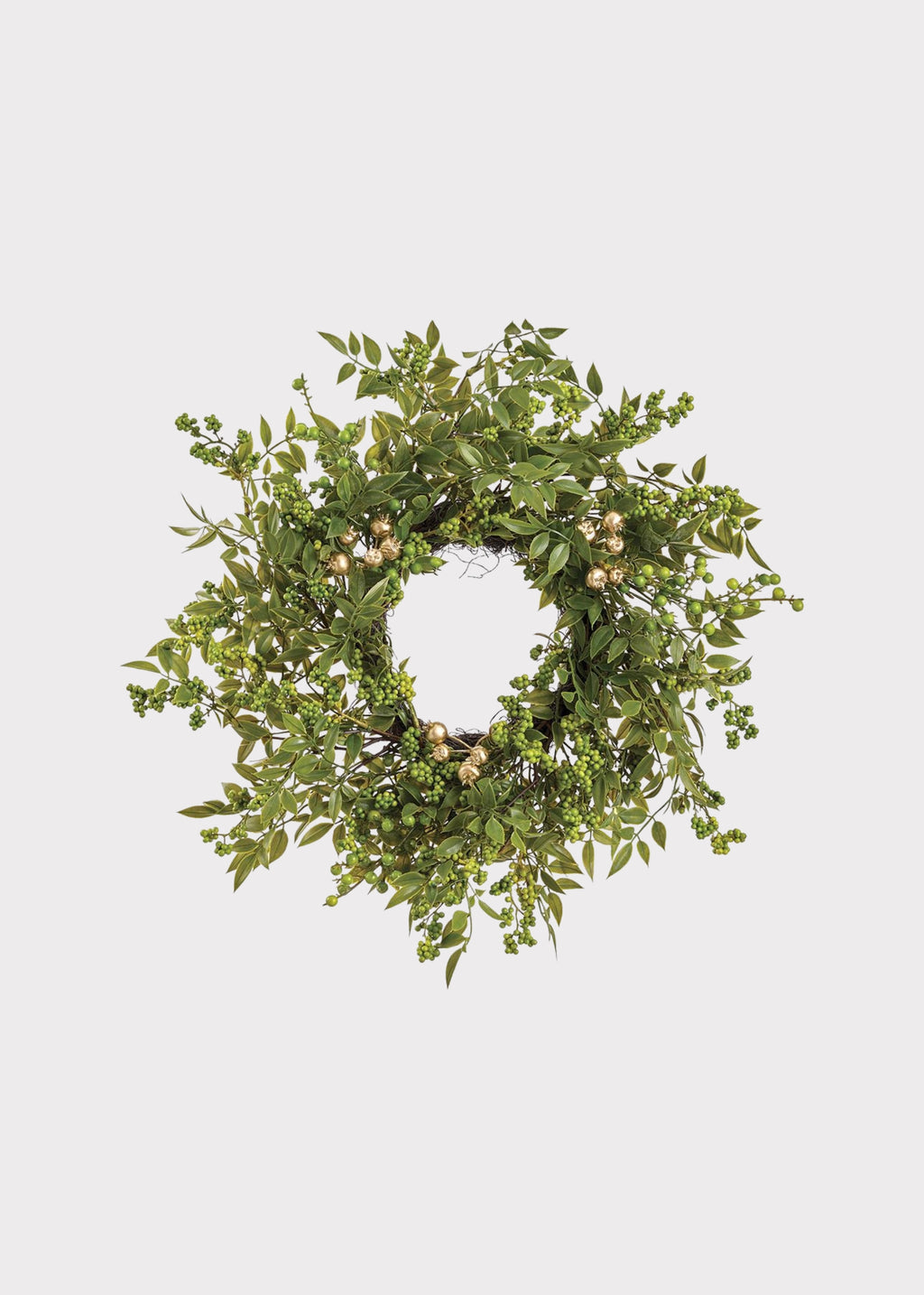 Green Fake Holiday Foliage Wreath with Gold Berry Pods
