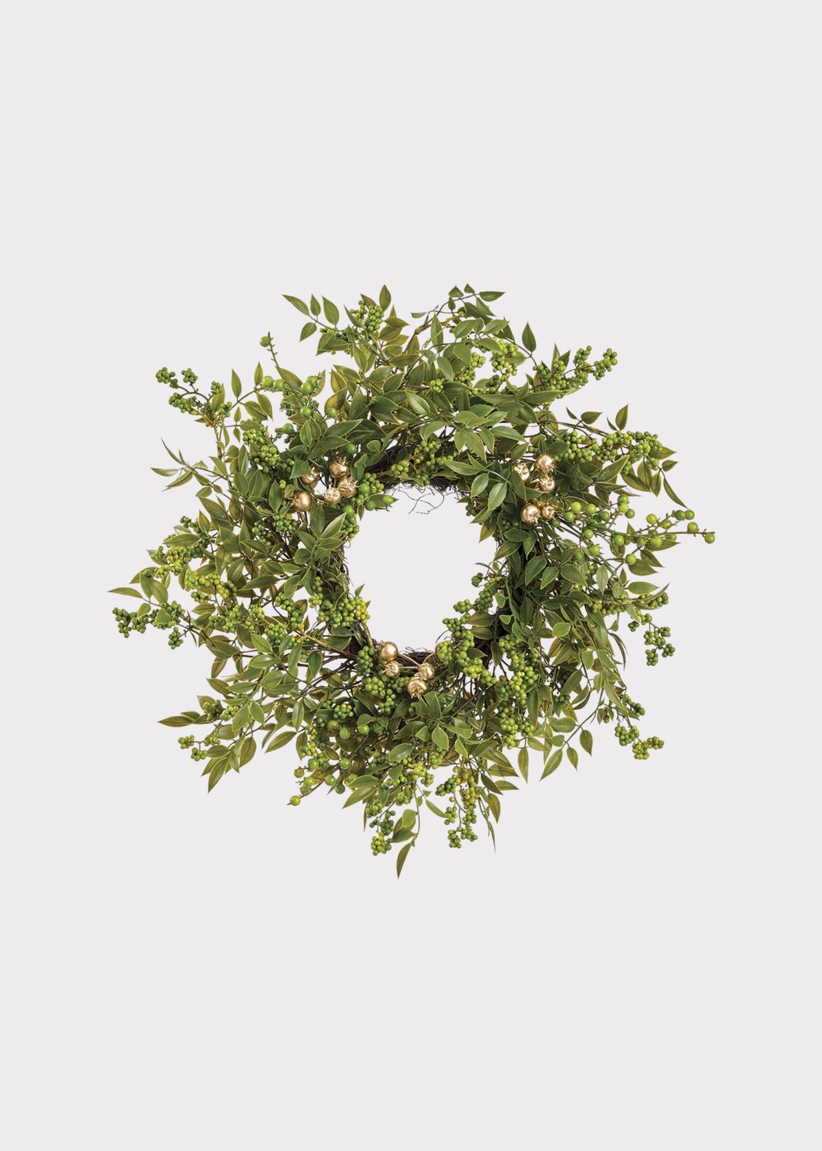 Green Fake Holiday Foliage Wreath with Gold Berry Pods