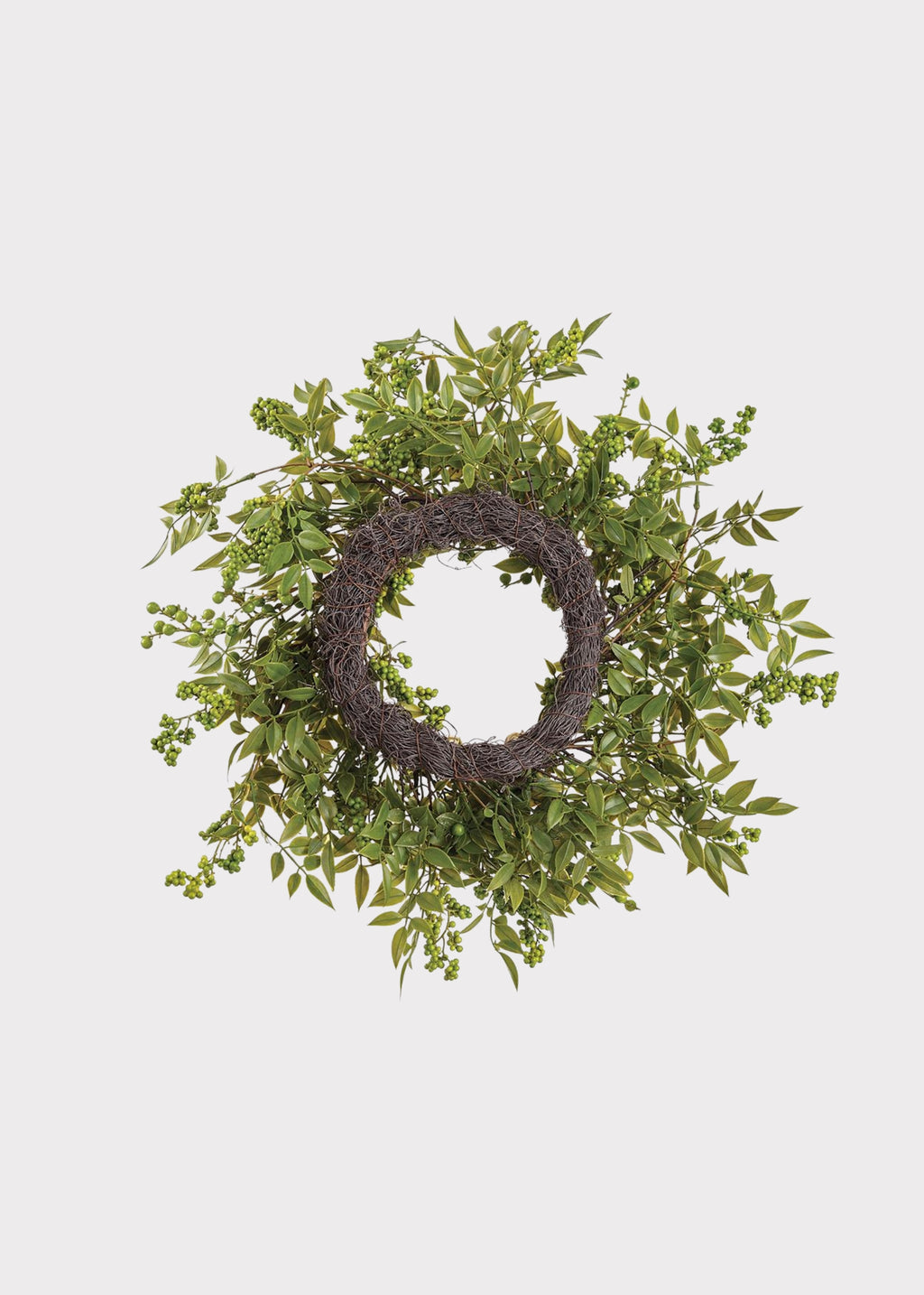 Back of a Green Fake Holiday Foliage Wreath with Gold Berry Pods