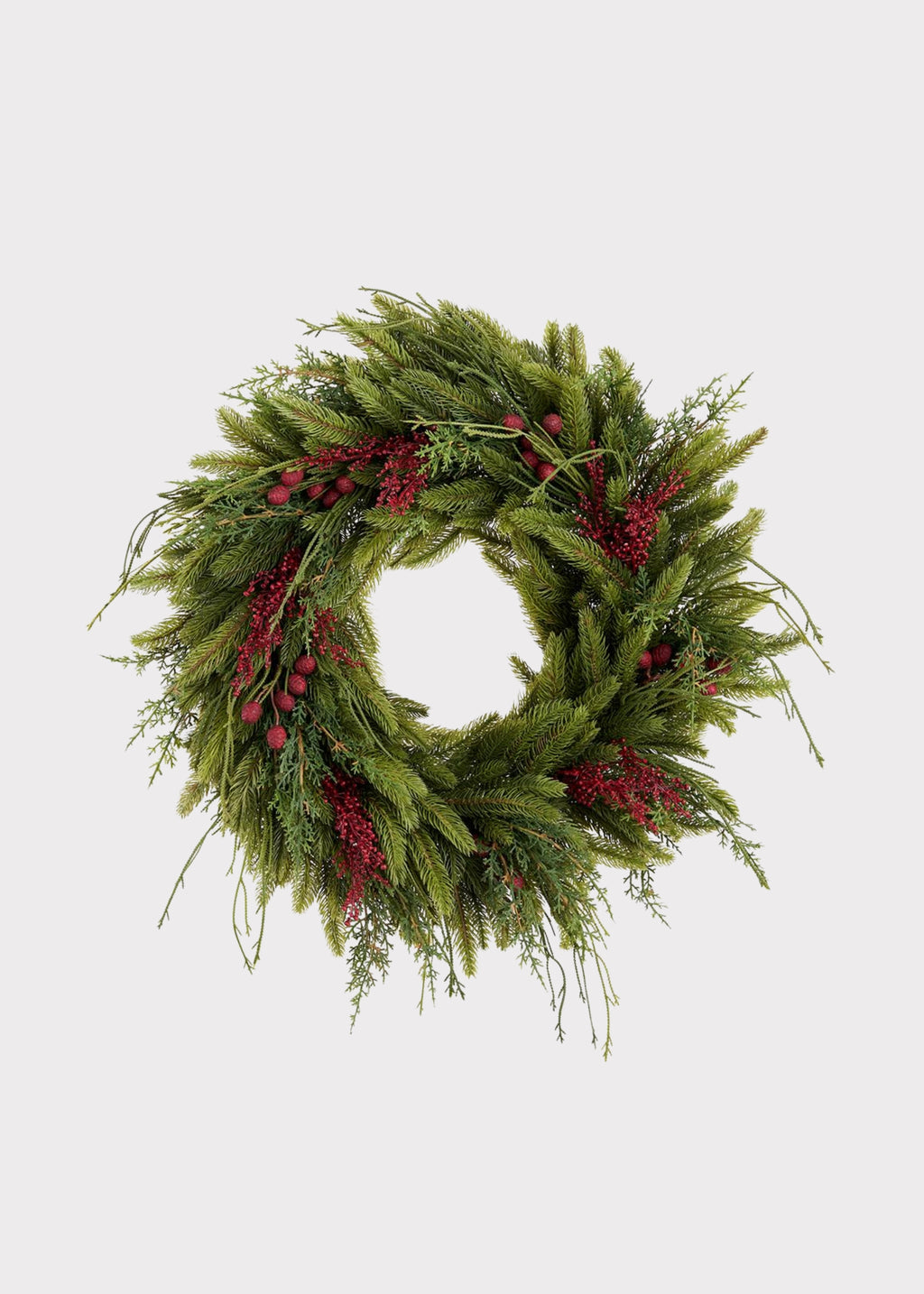 Green Fake Winter Pine and Sedum Wreath with Red Berries