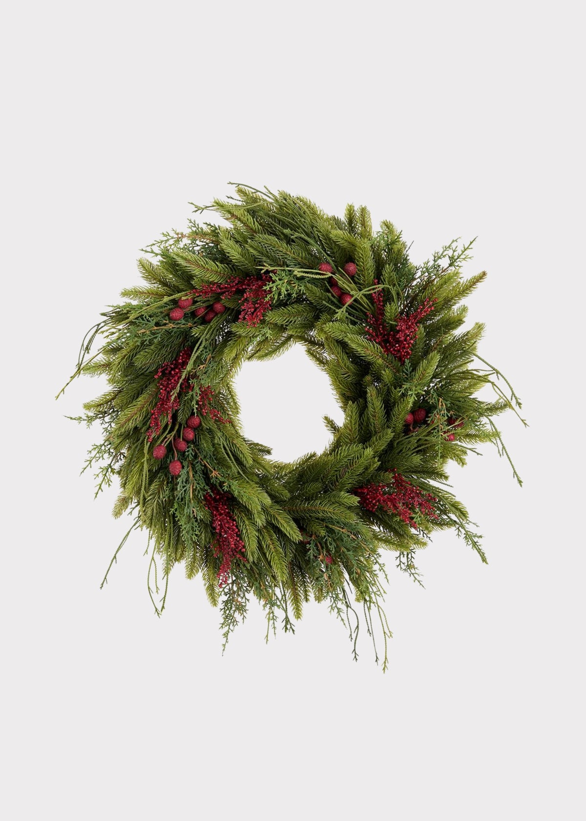 Green Fake Winter Pine and Sedum Wreath with Red Berries