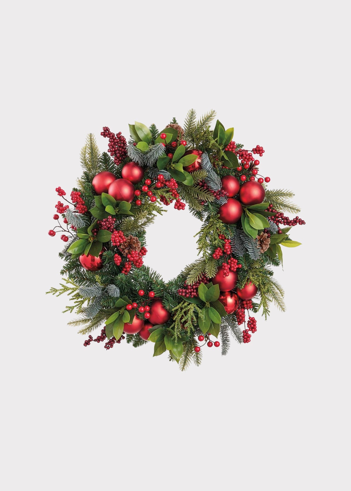 Fake Holiday Pine Wreath with Red Ball Ornaments