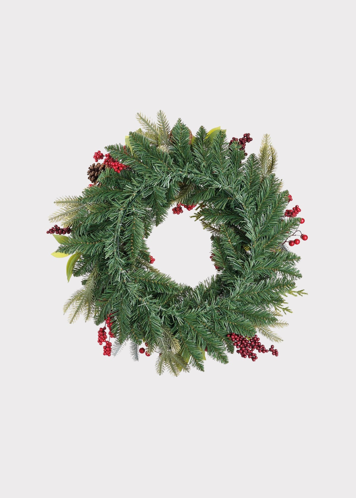 The back of the Fake Holiday Pine Wreath with Red Ball Ornaments