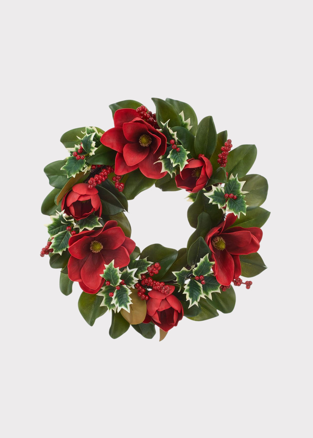 Holiday Red Artificial Magnolia Flower and Holly Wreath
